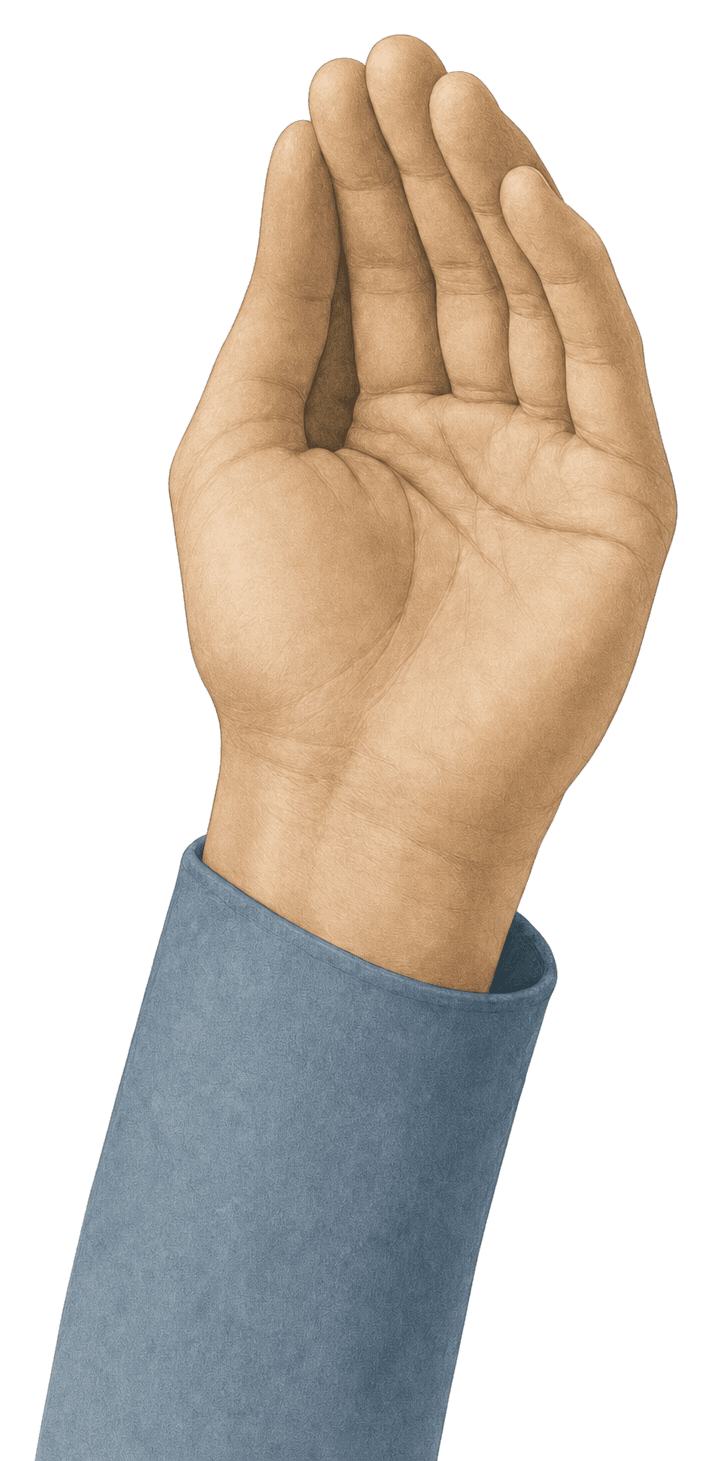 Graphite editorial illustration of an open, listening hand with a slate sleeve