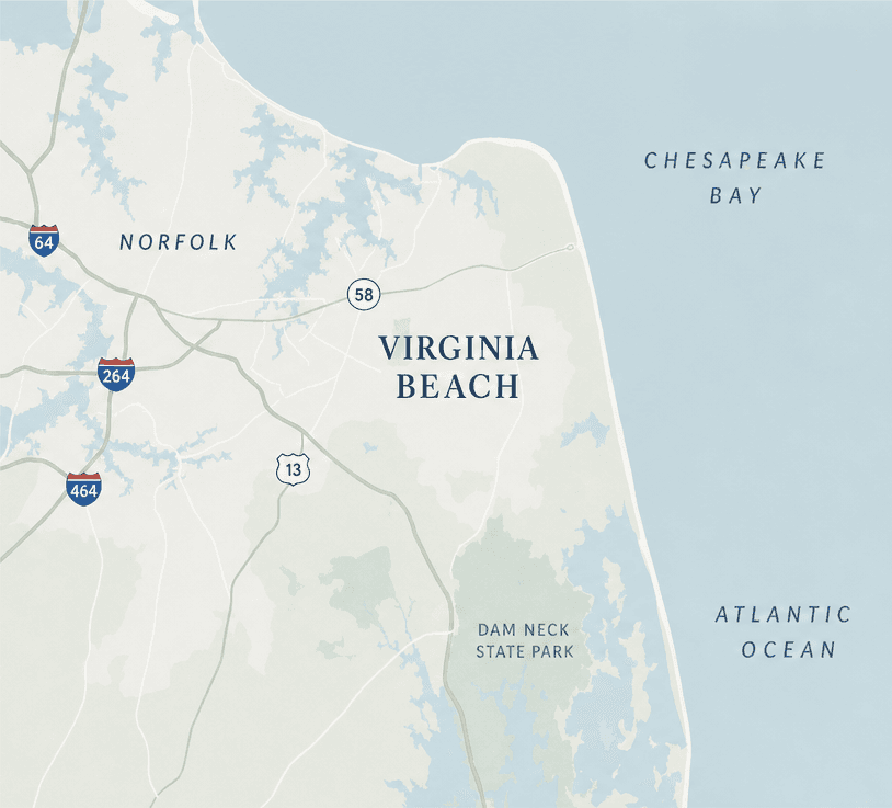 Editorial map of the Virginia Beach area showing Norfolk, Virginia Beach, the Chesapeake Bay, the Atlantic Ocean, and the regional road network