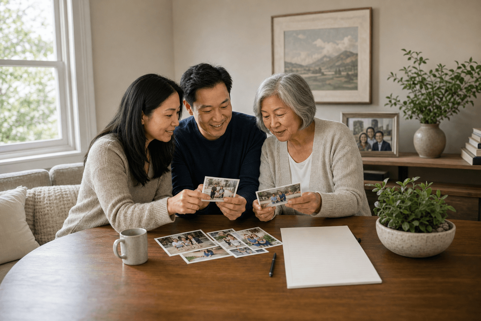 An adult daughter and her parents review family photographs and a household checklist together