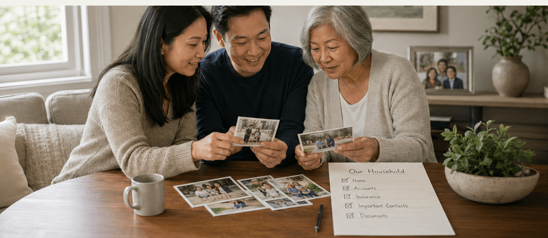 Three adult family members review labeled family photographs and an estate-document checklist beside the family's heirloom shelf