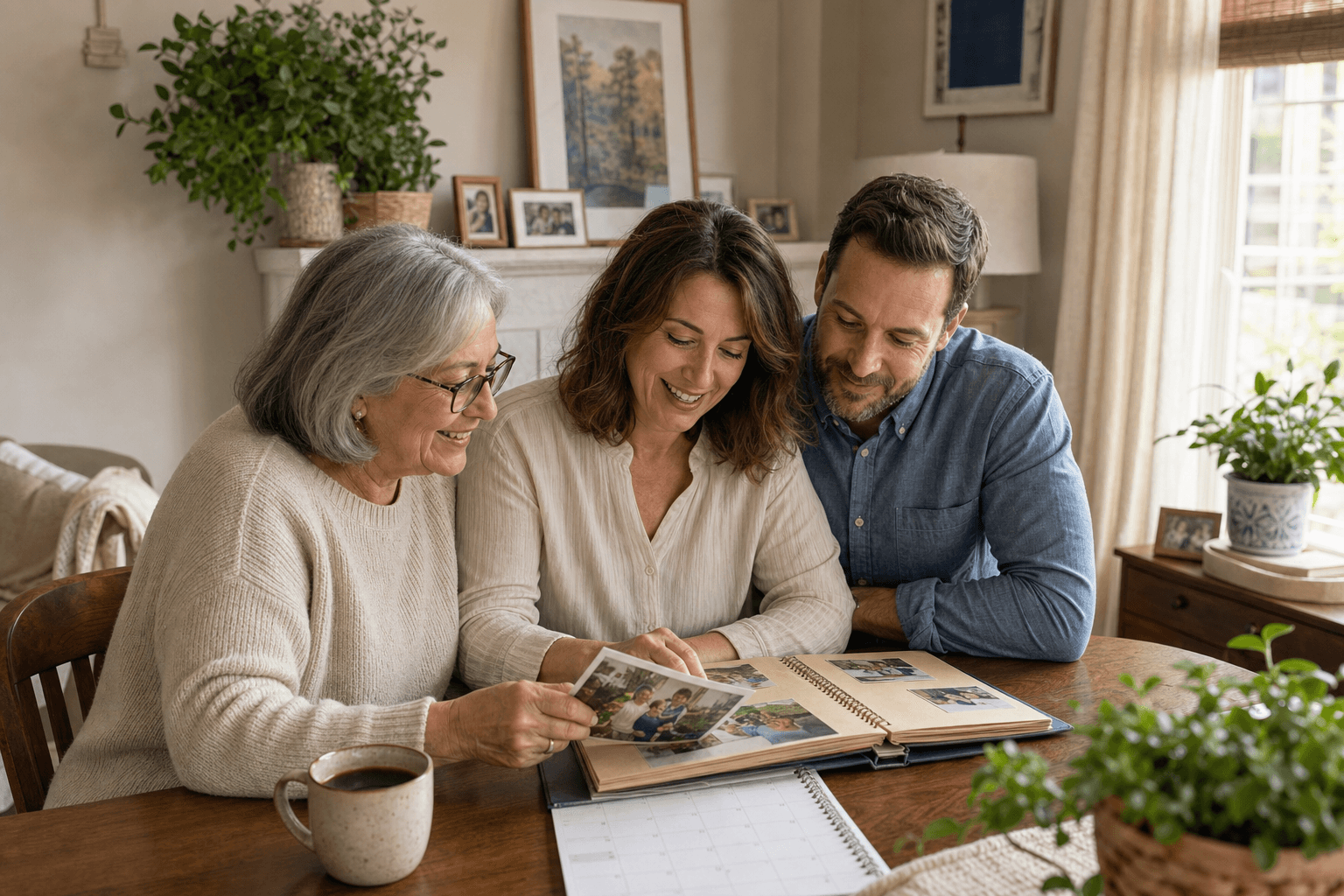 An older mother and her adult son and daughter review a family photo album together at a home table