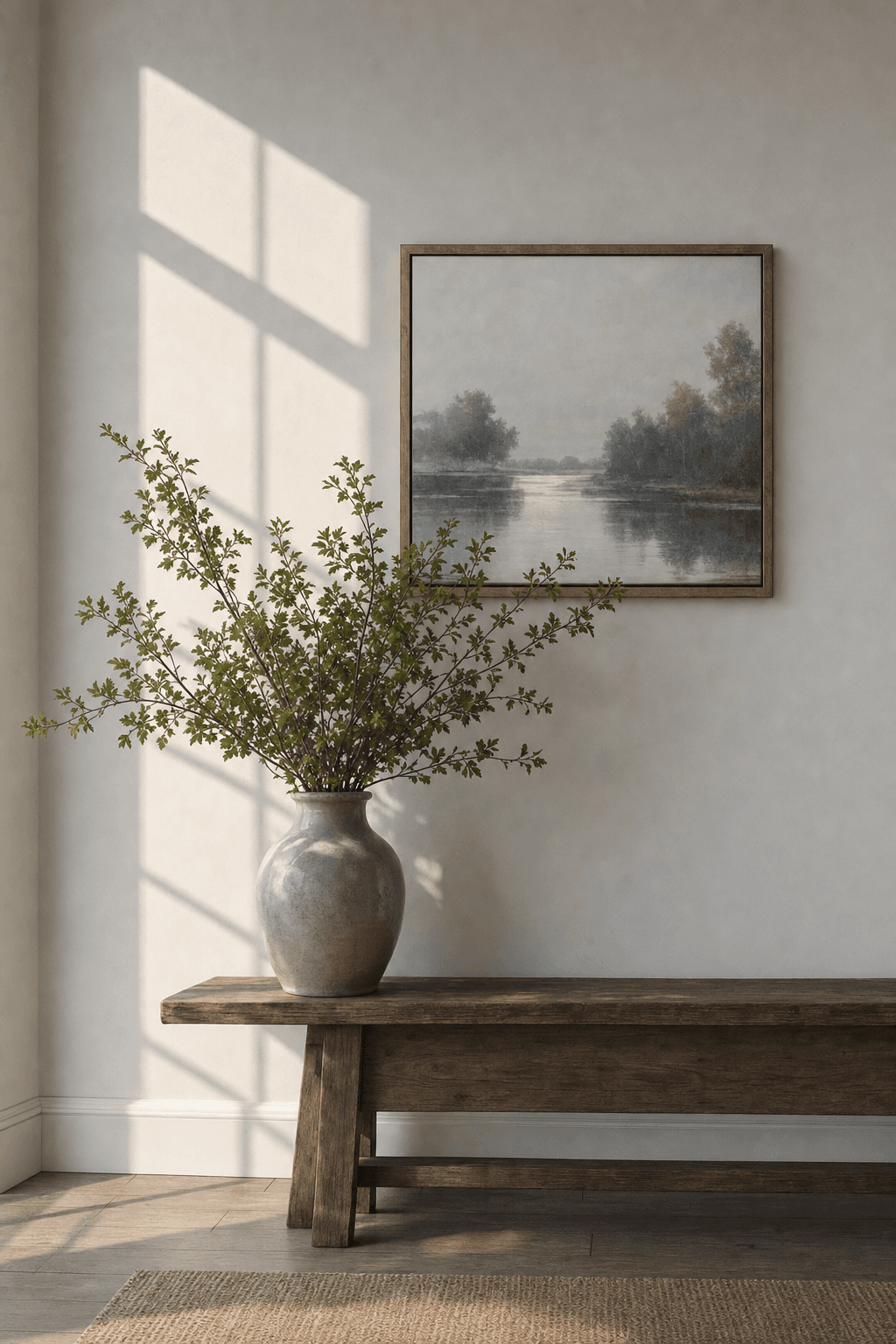 Sunlit home interior with a vase of foliage on a wooden console beneath framed artwork