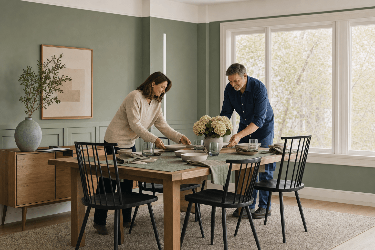 Two adult family members set a dining table with flowers together by a bright window