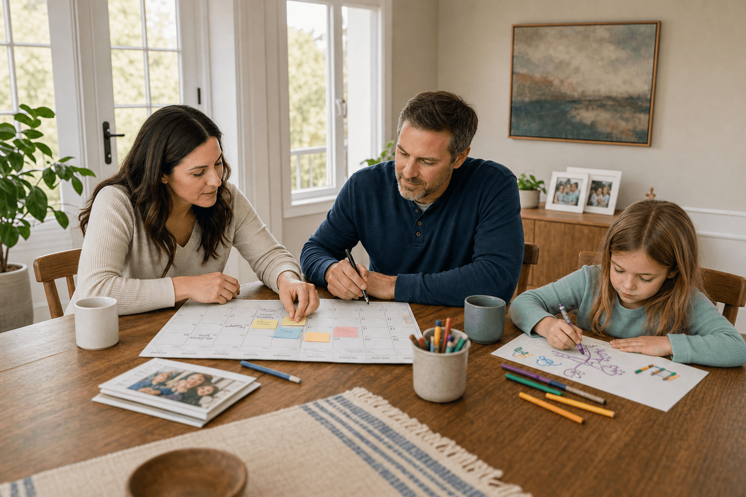 A parent fills in a family schedule beside colored markers on the table