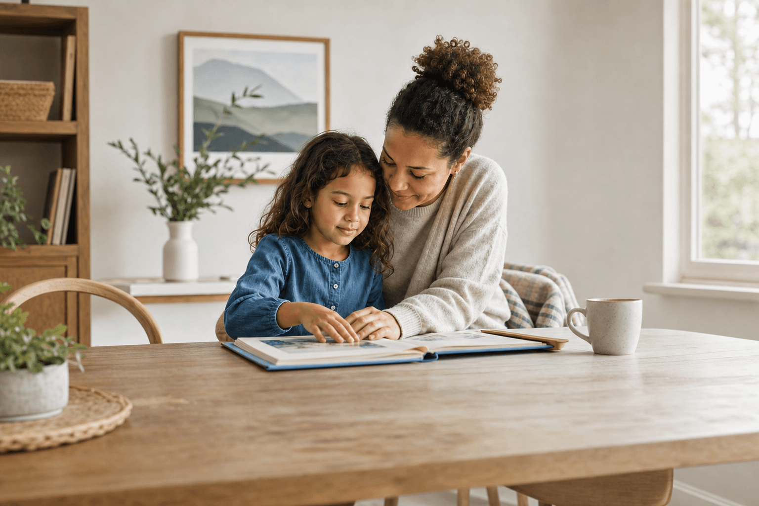 A mother and her young daughter read an open book together in a bright living room