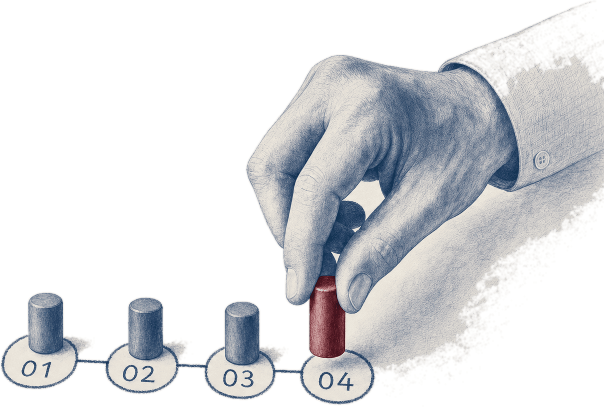 Editorial illustration of a hand placing an oxblood marker at the end of a four-step numbered sequence
