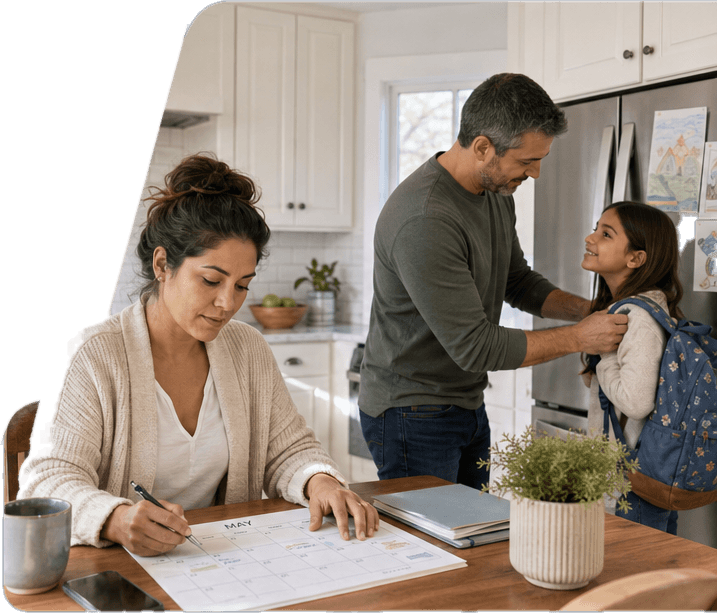 A mother writes on a family calendar at the kitchen table while the father helps their daughter with her backpack