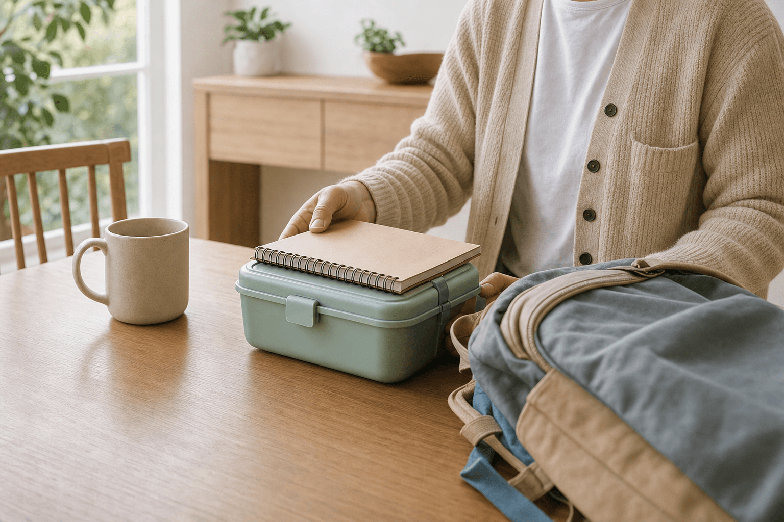 A parent packs a lunchbox beside a kraft notebook, mug, and school backpack on a wooden table
