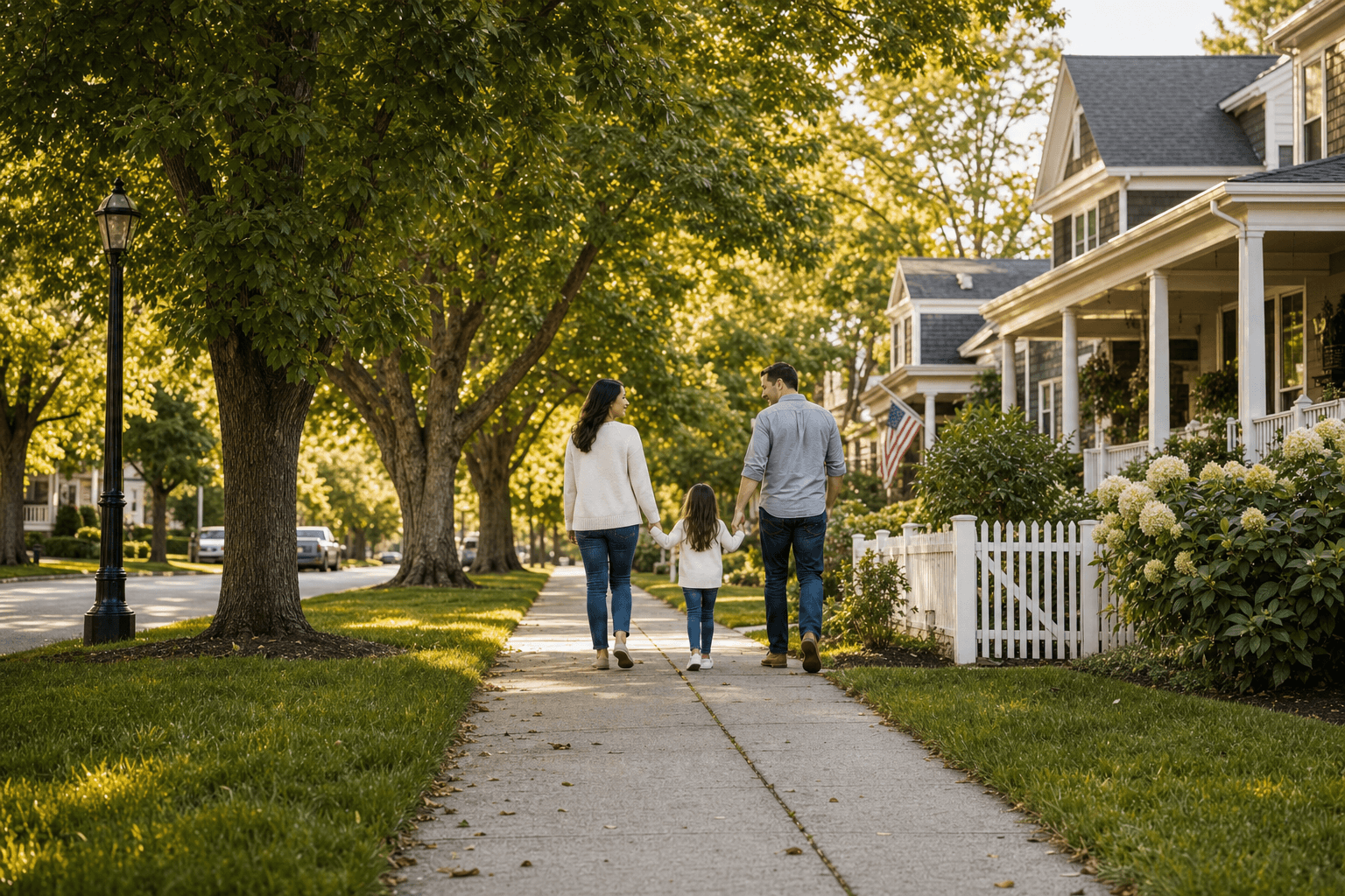 Two parents and their daughter walk hand in hand along a tree-lined neighborhood sidewalk