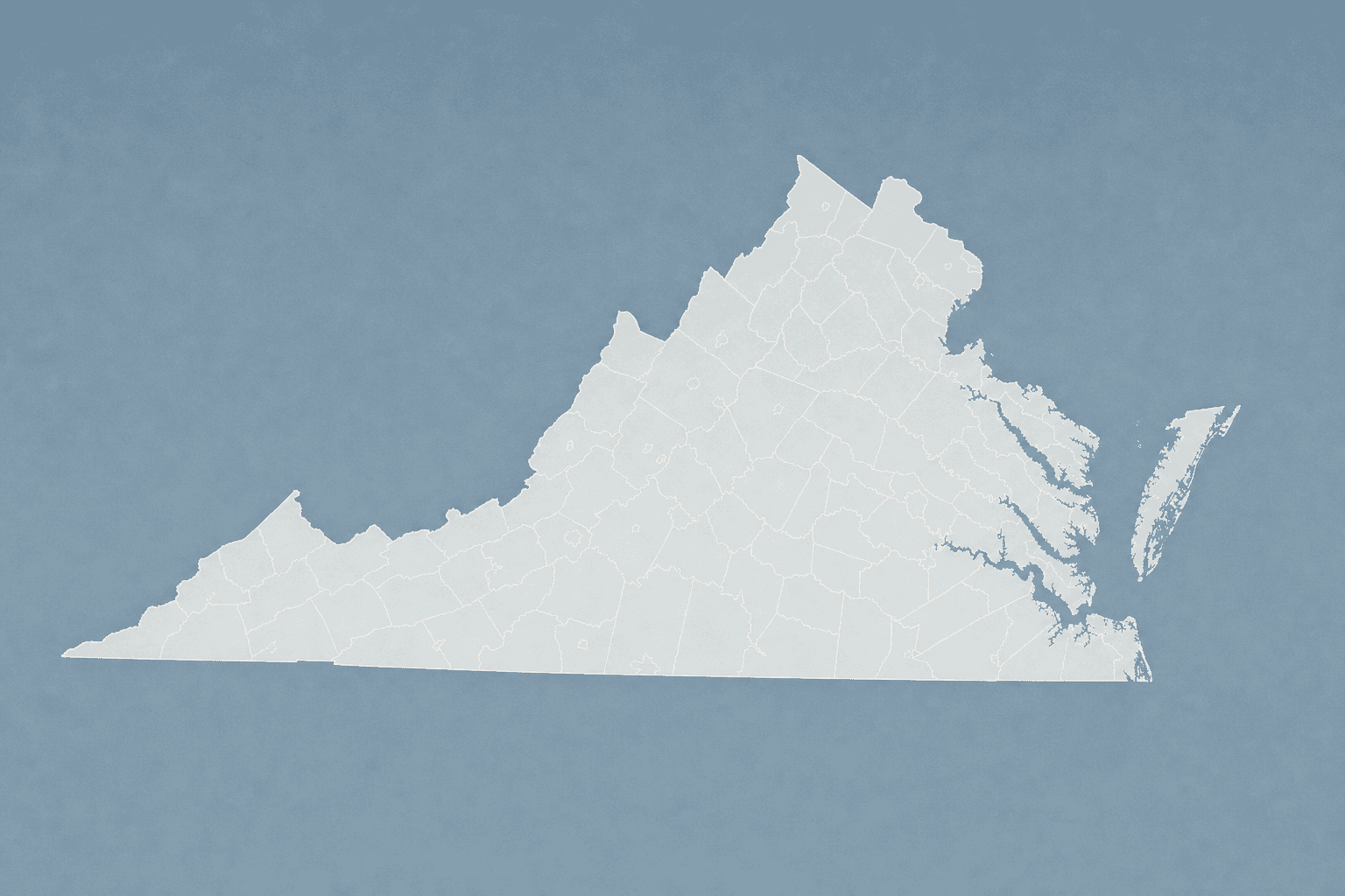 Editorial slate-blue map illustration of Virginia with county divisions and the Chesapeake coastline